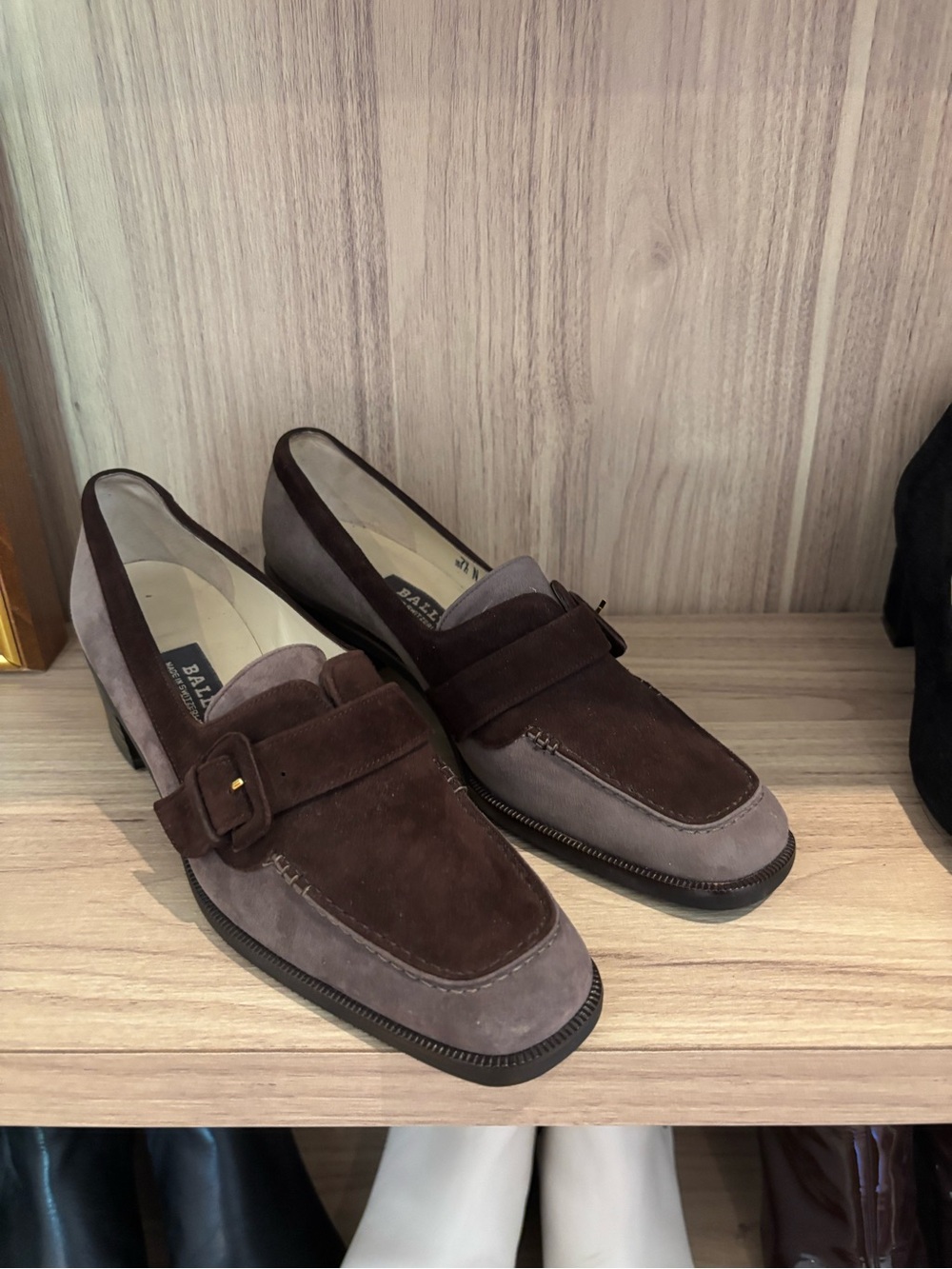 Women's Block Heel Suede Loafers in Dark Brown and Gray